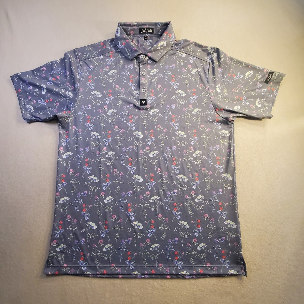 Bad Birdie Gray Floral Strawberry Golf Polo Shirt Mens XL Short Sleeve Stretch
